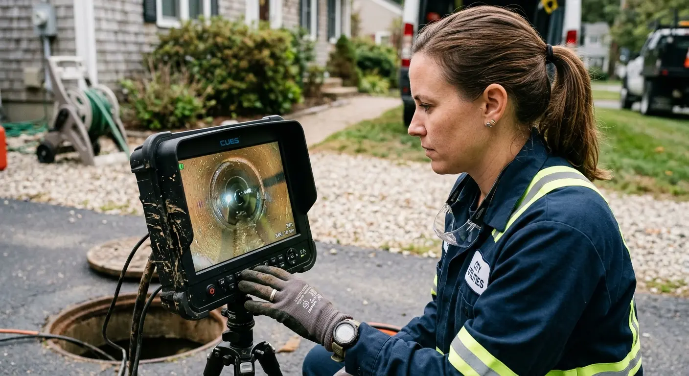 Technician reviewing sewer camera inspection footage in Vernal