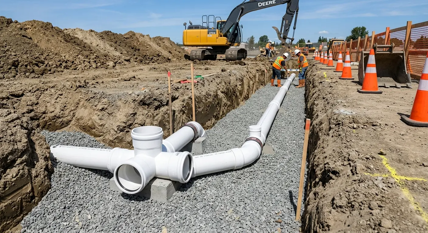 New PVC sewer pipe installation in open trench for Commercial Drain Cleaning in Vernal