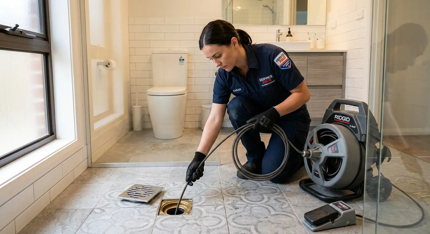 Technician clearing a bathroom floor drain for Sewer Line Replacement in Vernal